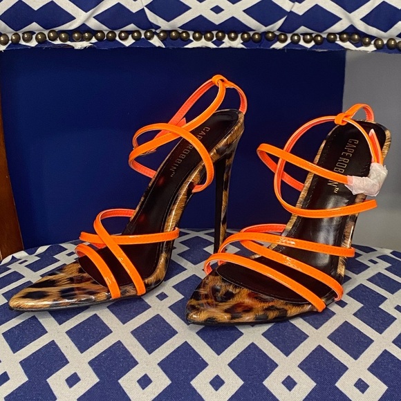 Neon orange brown black leopard cheetah strappy pointy toe high heel sandals - Picture 5 of 5